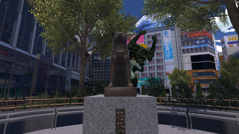 Me hanging with my dog at the streets of Tokyo. But it’s a lie. Because it is actually in Vrchat, and I am not actually Midna from Twilight Princess.